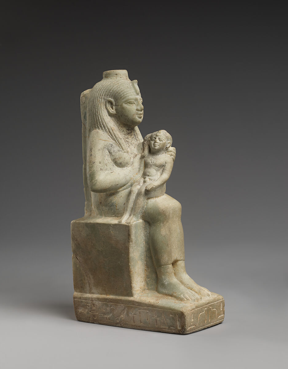 Statuette of Isis with the infant Horus, dedicated by Ankhhor, son of Perekhbanebdjedet and Heretib, Anhydrite