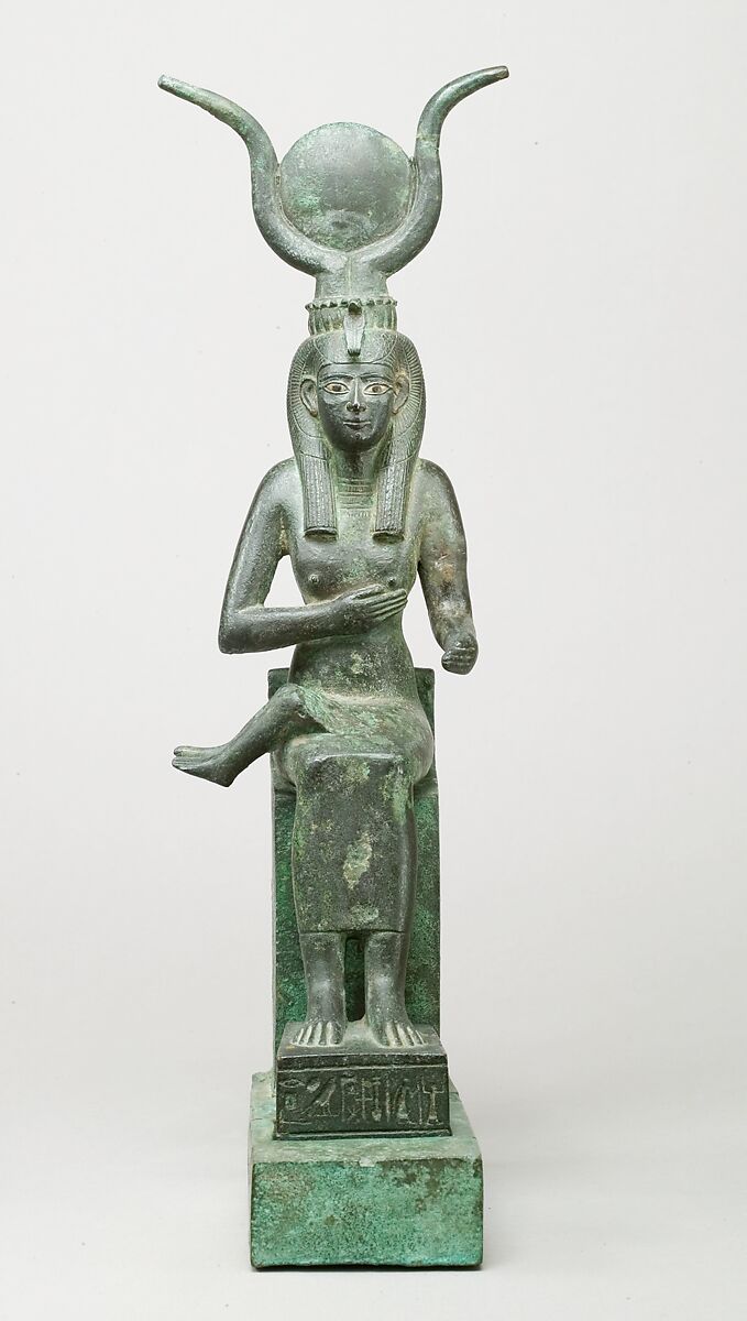 Statuette of Isis nursing Horus (missing above the legs), inscribed for Hor son of Padihorresnet, Bronze, gilded silver, electrum; separate leaded bronze throne