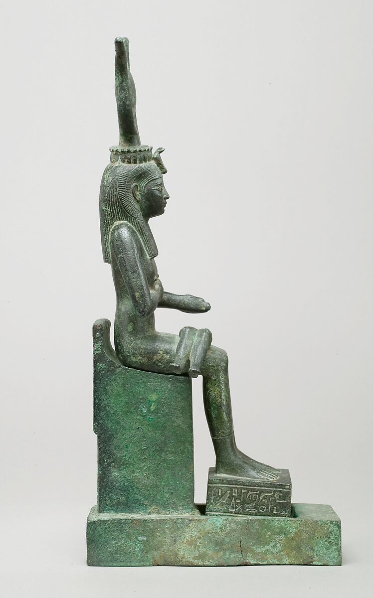 Statuette of Isis nursing Horus (missing above the legs), inscribed for Hor son of Padihorresnet, Bronze, gilded silver, electrum; separate leaded bronze throne