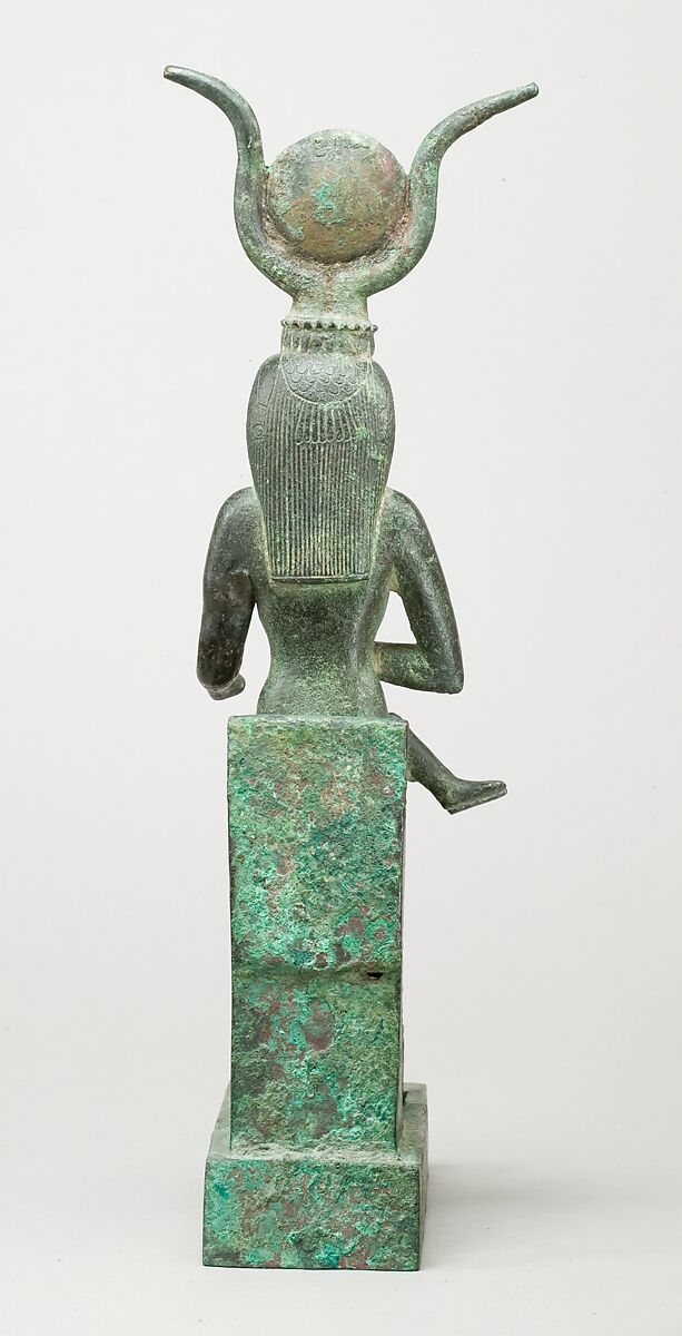 Statuette of Isis nursing Horus (missing above the legs), inscribed for Hor son of Padihorresnet, Bronze, gilded silver, electrum; separate leaded bronze throne