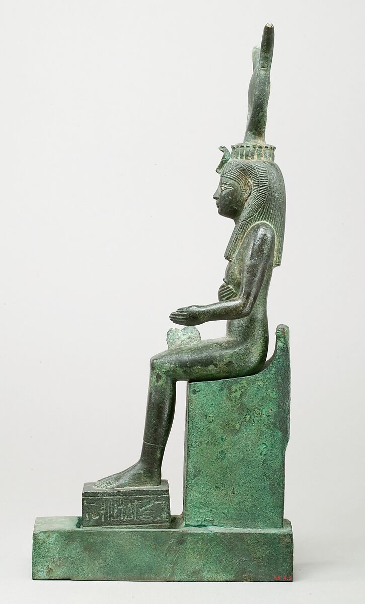 Statuette of Isis nursing Horus (missing above the legs), inscribed for Hor son of Padihorresnet, Bronze, gilded silver, electrum; separate leaded bronze throne