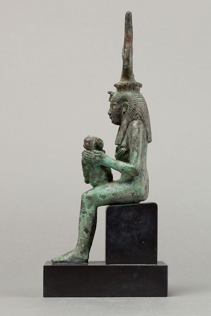 Isis and Horus, Cupreous metal, precious metal inlay