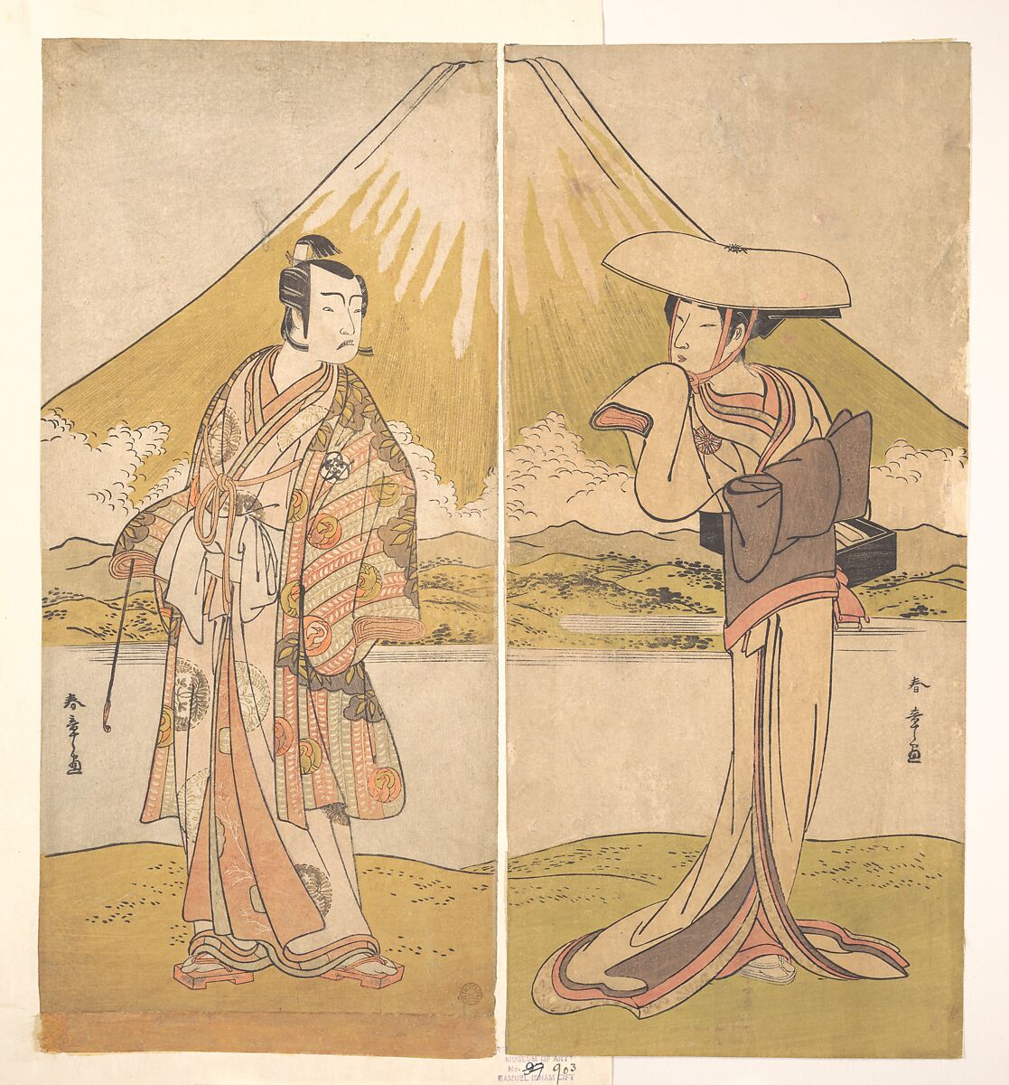 The Actor Bando Mitsugoro as a Man in Sumptuous Raiment, Standing in a Field, Mount Fuji in the Background, Katsukawa Shunshō　勝川春章 (Japanese, 1726–1792), Diptych of woodblock prints (nishiki-e); ink and color on paper, Japan 