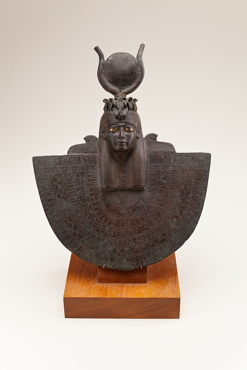Aegis with the Head of Isis or Hathor, Cupreous metal; stone, paint 