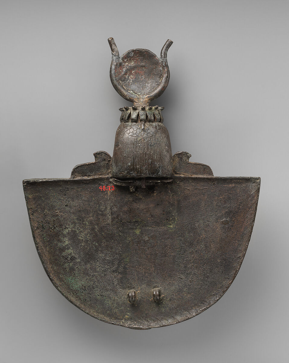 Aegis with the head of a goddess, Cupreous metal; stone, paint