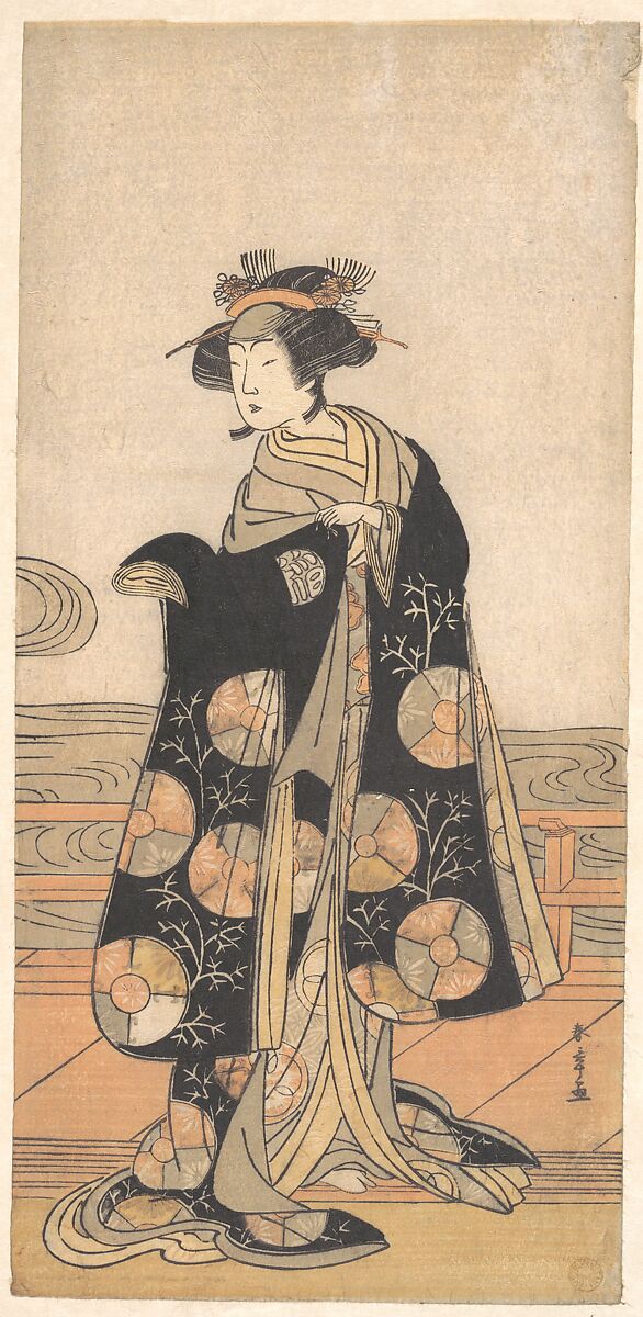 Yoshizawa Iroha as a Woman Standing on the Engawa of a House by a River, Katsukawa Shunshō　勝川春章 (Japanese, 1726–1792), Woodblock print (nishiki-e); ink and color on paper, Japan 
