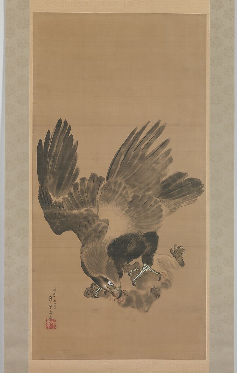 Eagle Attacking a Monkey, Kawanabe Kyōsai 河鍋暁斎 (Japanese, 1831–1889), Hanging scroll; ink and color on paper, Japan 