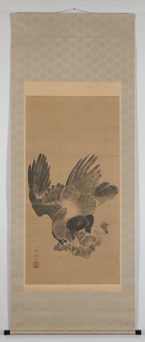 Eagle Attacking a Monkey, Kawanabe Kyōsai 河鍋暁斎 (Japanese, 1831–1889), Hanging scroll; ink and color on paper, Japan