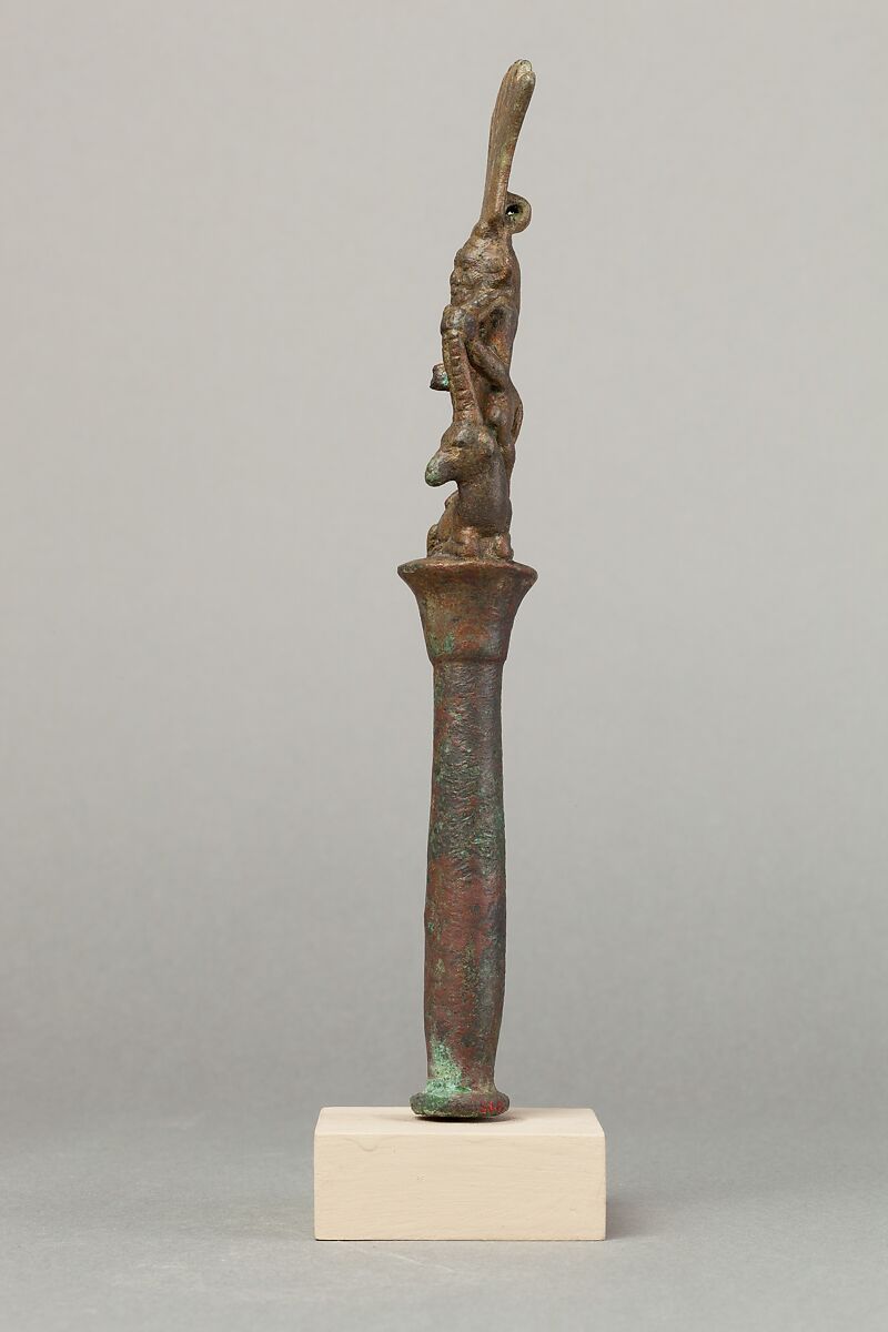 Papyrus pillar surmounted by Bes with an antelope, Cupreous metal