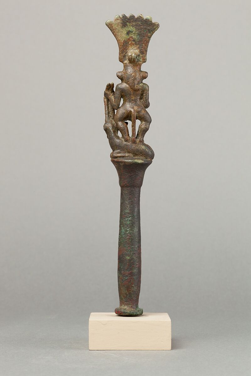 Papyrus pillar surmounted by Bes with an antelope, Cupreous metal