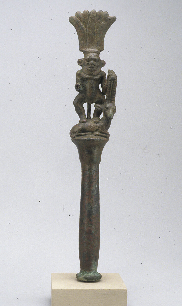 Papyrus pillar surmounted by Bes with an antelope, Cupreous metal