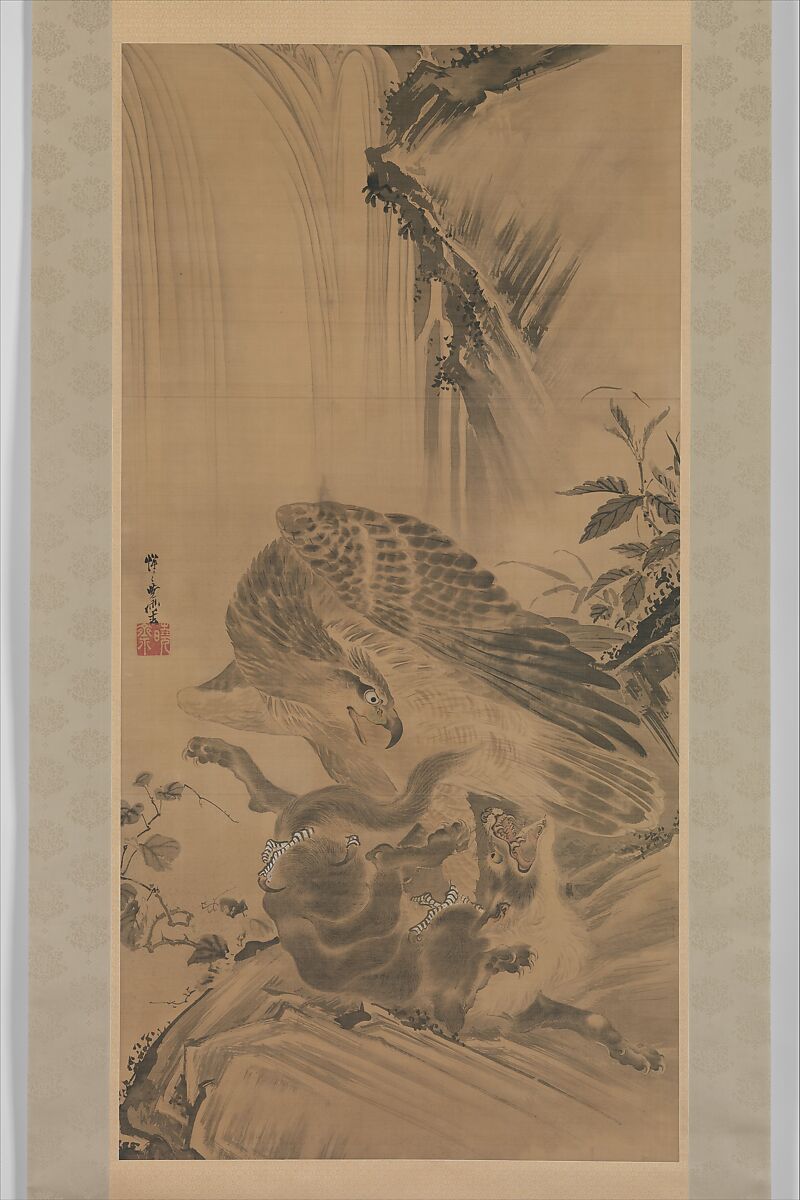 Eagle Attacking a Mountain Lion, Kawanabe Kyōsai 河鍋暁斎 (Japanese, 1831–1889), Hanging scroll; ink and color on paper, Japan 