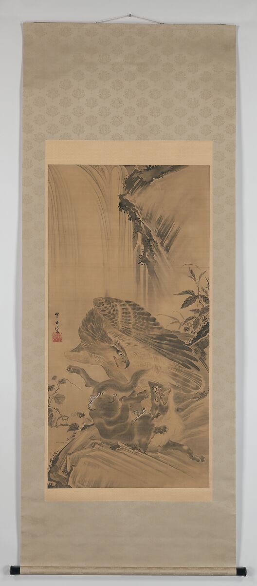 Eagle Attacking a Mountain Lion, Kawanabe Kyōsai 河鍋暁斎 (Japanese, 1831–1889), Hanging scroll; ink and color on paper, Japan