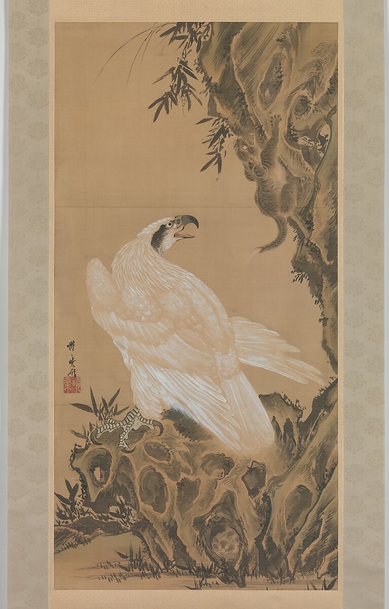 White Eagle Eyeing a Mountain Lion, Kawanabe Kyōsai 河鍋暁斎 (Japanese, 1831–1889), Hanging scroll; ink and color on paper, Japan 