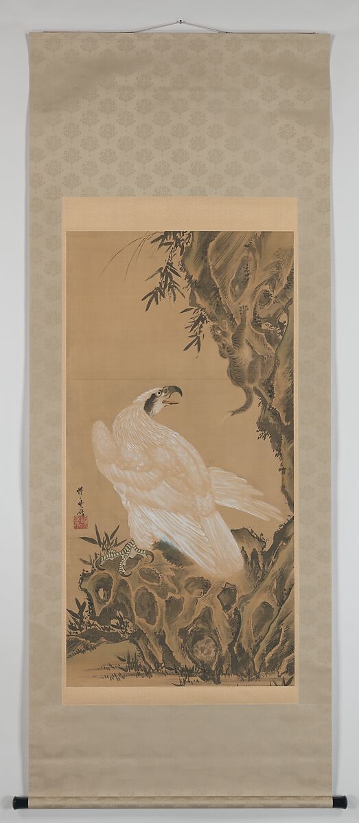 White Eagle Eyeing a Mountain Lion, Kawanabe Kyōsai 河鍋暁斎 (Japanese, 1831–1889), Hanging scroll; ink and color on paper, Japan