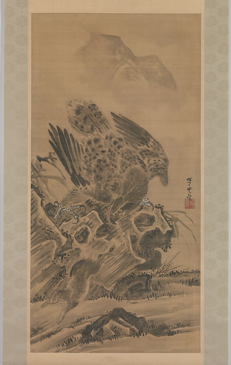 Eagle Pursuing Rabbit, Kawanabe Kyōsai 河鍋暁斎 (Japanese, 1831–1889), Hanging scroll; ink and color on paper, Japan 