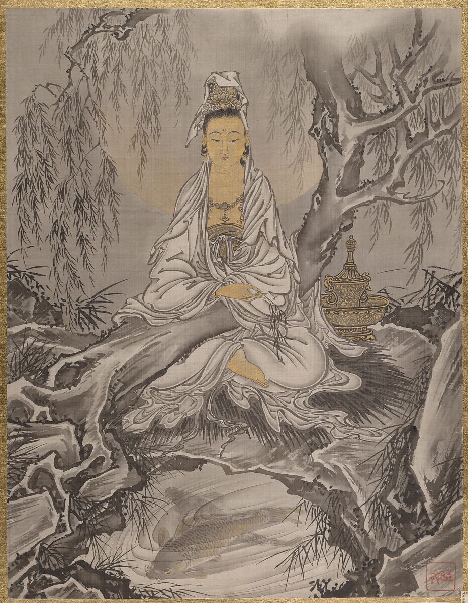 White-Robed Kannon, Kawanabe Kyōsai 河鍋暁斎 (Japanese, 1831–1889), Album leaf; ink and color on silk, Japan 