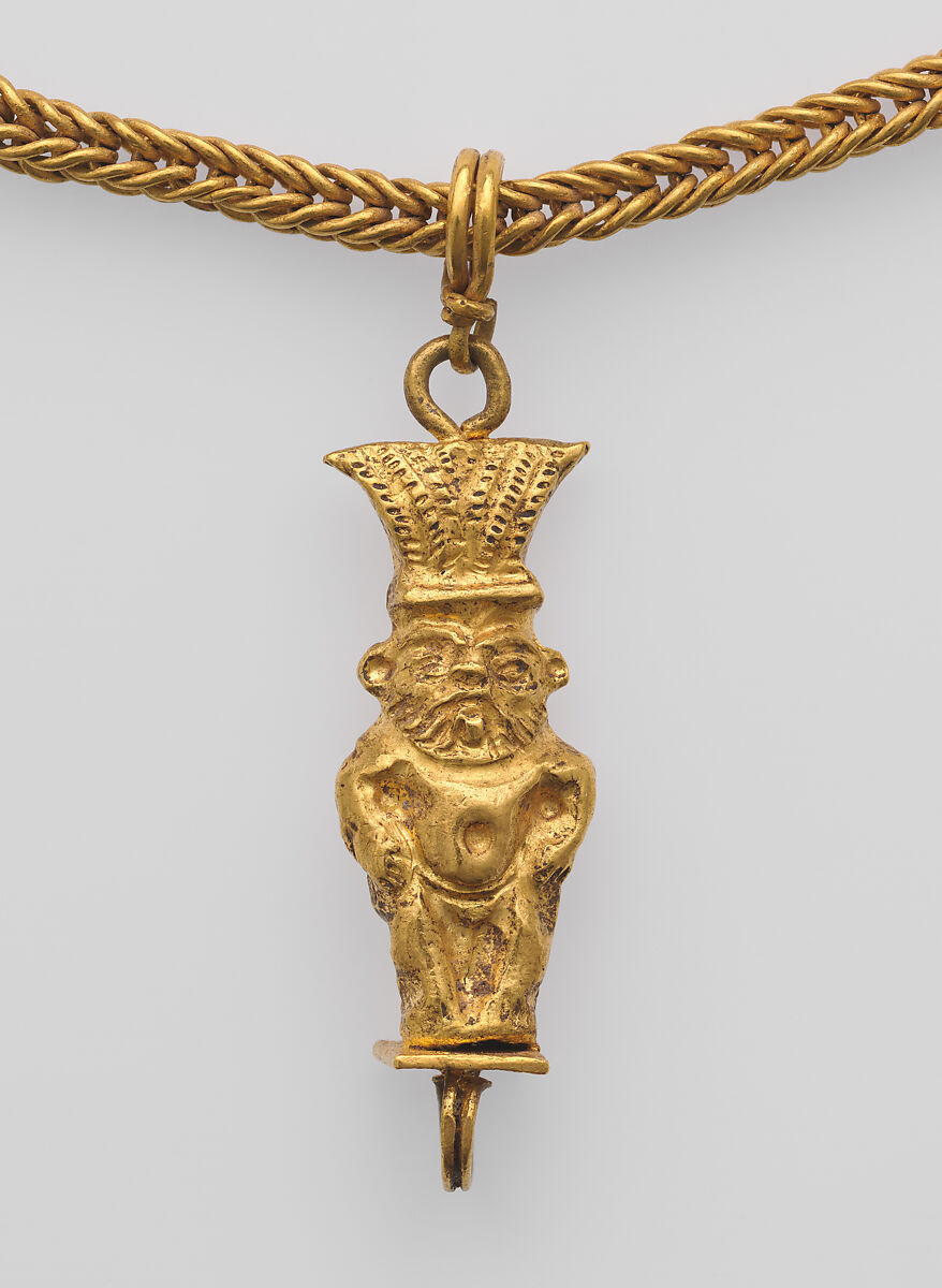 Loop-in-loop chain with intricate openwork medallion at the clasp and a gold Bes pendant, Gold