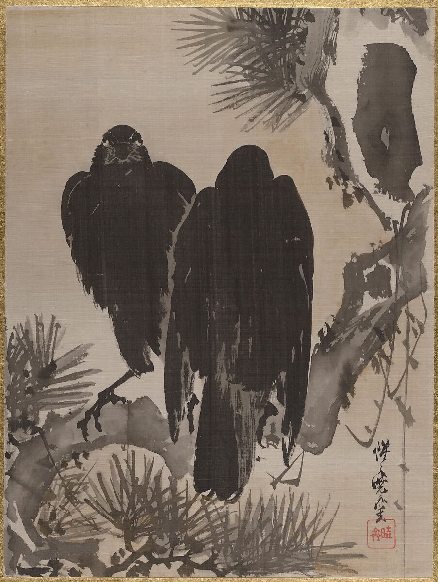 Two Crows on a Pine Branch, Kawanabe Kyōsai 河鍋暁斎 (Japanese, 1831–1889), Album leaf; ink and color on silk, Japan 