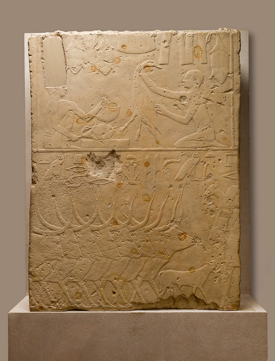 Relief block depicting plucking and roasting fowl and herds crossing water, Limestone