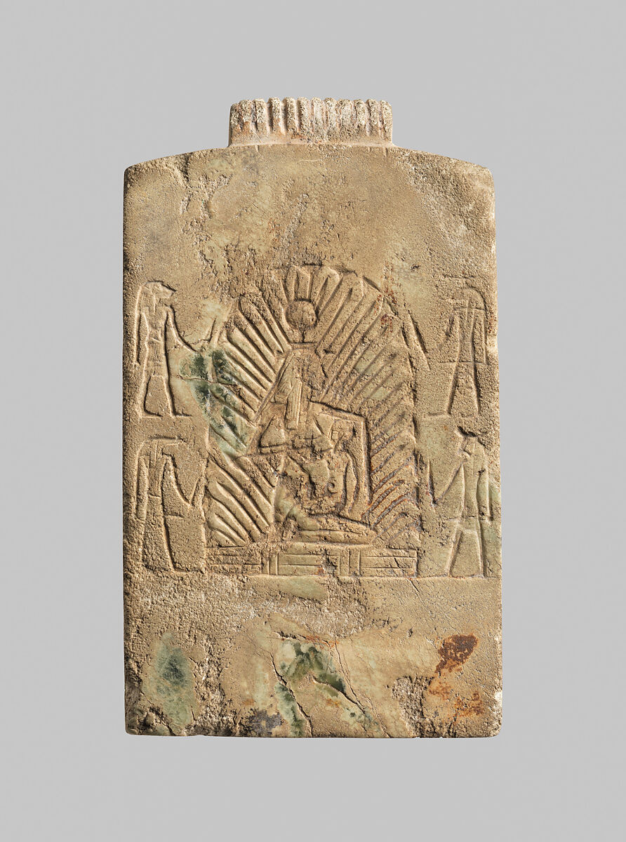 Pectoral depicting Isis nursing infant Horus in the marsh surrounded by protective genii, stone, glazed? 