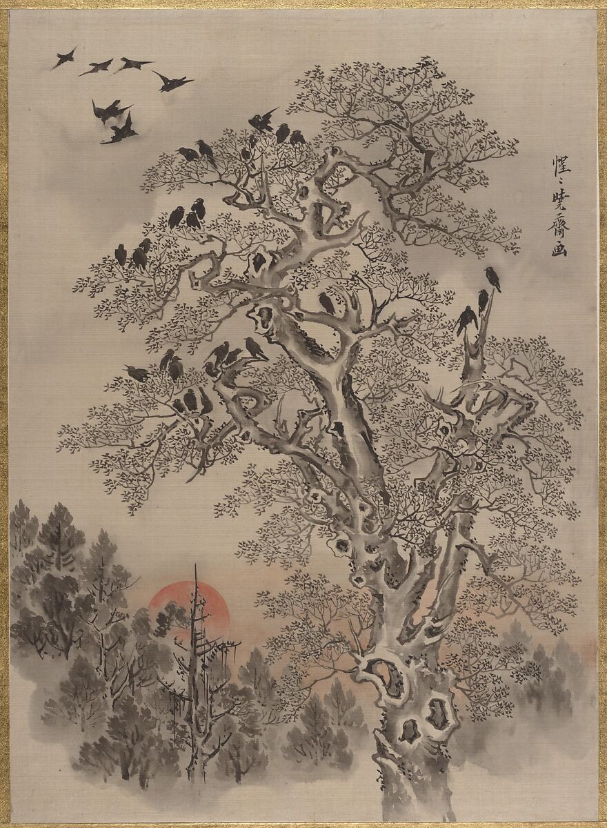 Flock of Crows at Dawn, Kawanabe Kyōsai 河鍋暁斎 (Japanese, 1831–1889), Album leaf; ink and color on silk, Japan 