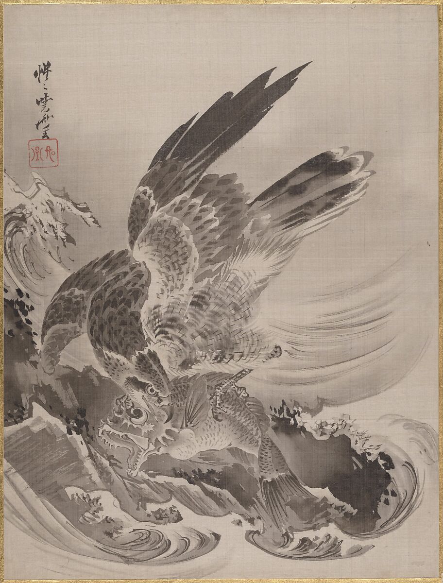 Eagle Attacking Fish, Kawanabe Kyōsai 河鍋暁斎 (Japanese, 1831–1889), Album leaf; ink and color on silk, Japan 