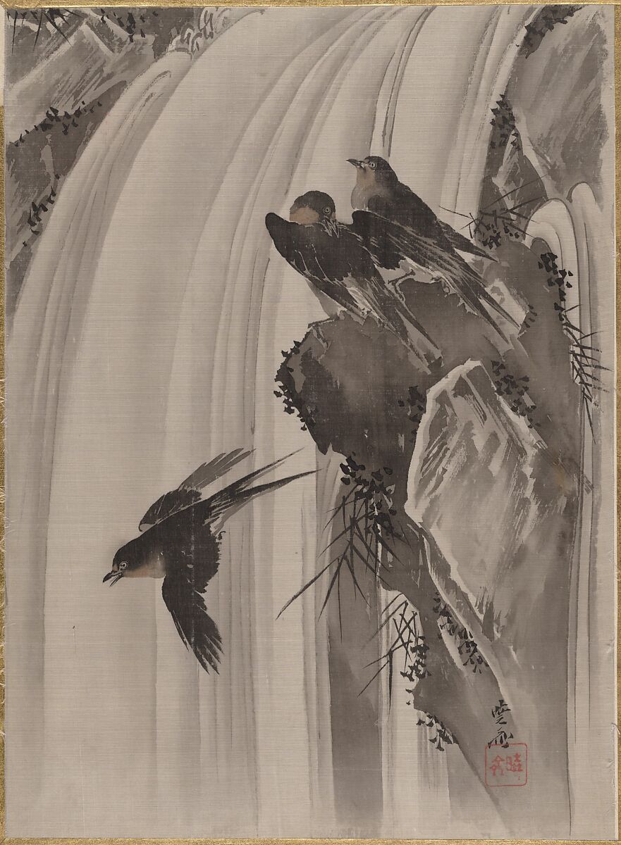 Swallows by a Waterfall, Kawanabe Kyōsai 河鍋暁斎 (Japanese, 1831–1889), Album leaf; ink and color on silk, Japan 