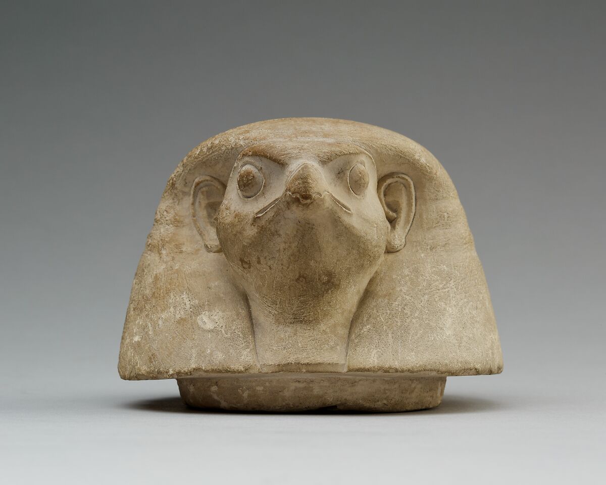 Canopic jar lid with falcon head (Qebehsenuef), Limestone 