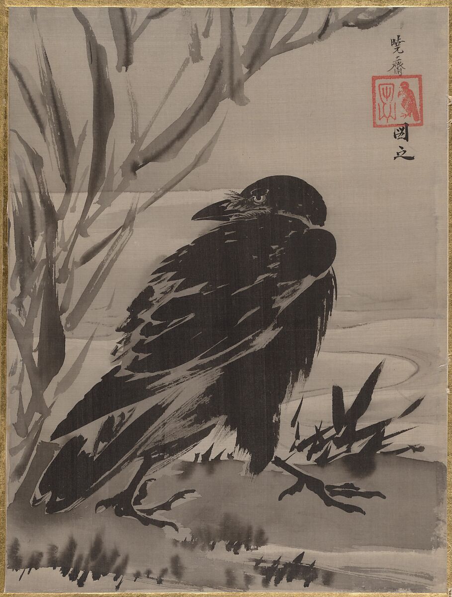Crow and Reeds by a Stream, Kawanabe Kyōsai 河鍋暁斎 (Japanese, 1831–1889), Album leaf; ink and color on silk, Japan 