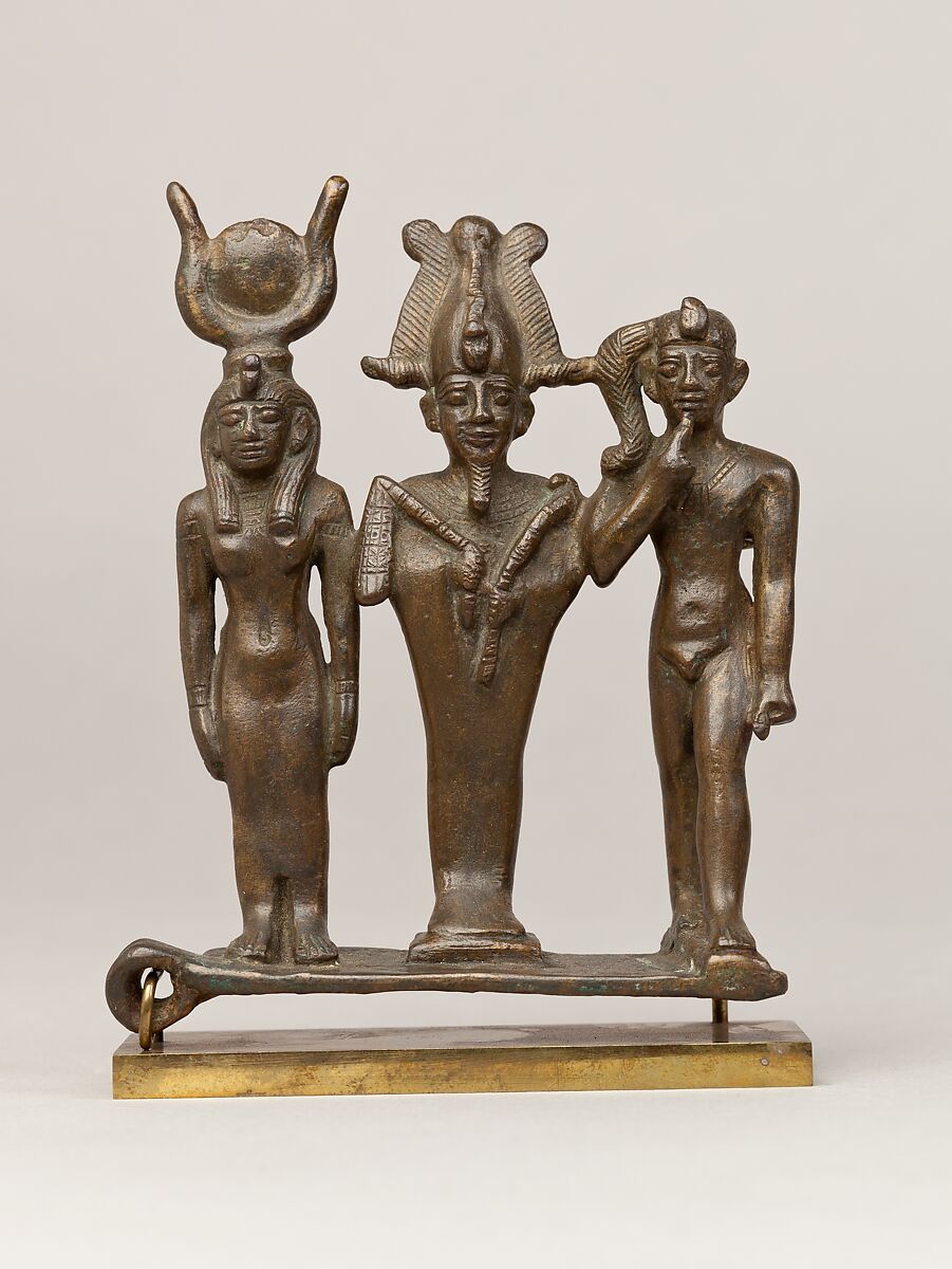 Triad of Osiris, Isis, and Horus, Cupreous metal 