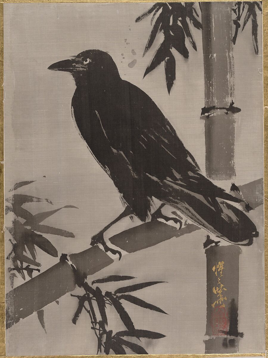 Crow on a Bamboo Branch, Kawanabe Kyōsai 河鍋暁斎 (Japanese, 1831–1889), Album leaf; ink and color on silk, Japan 