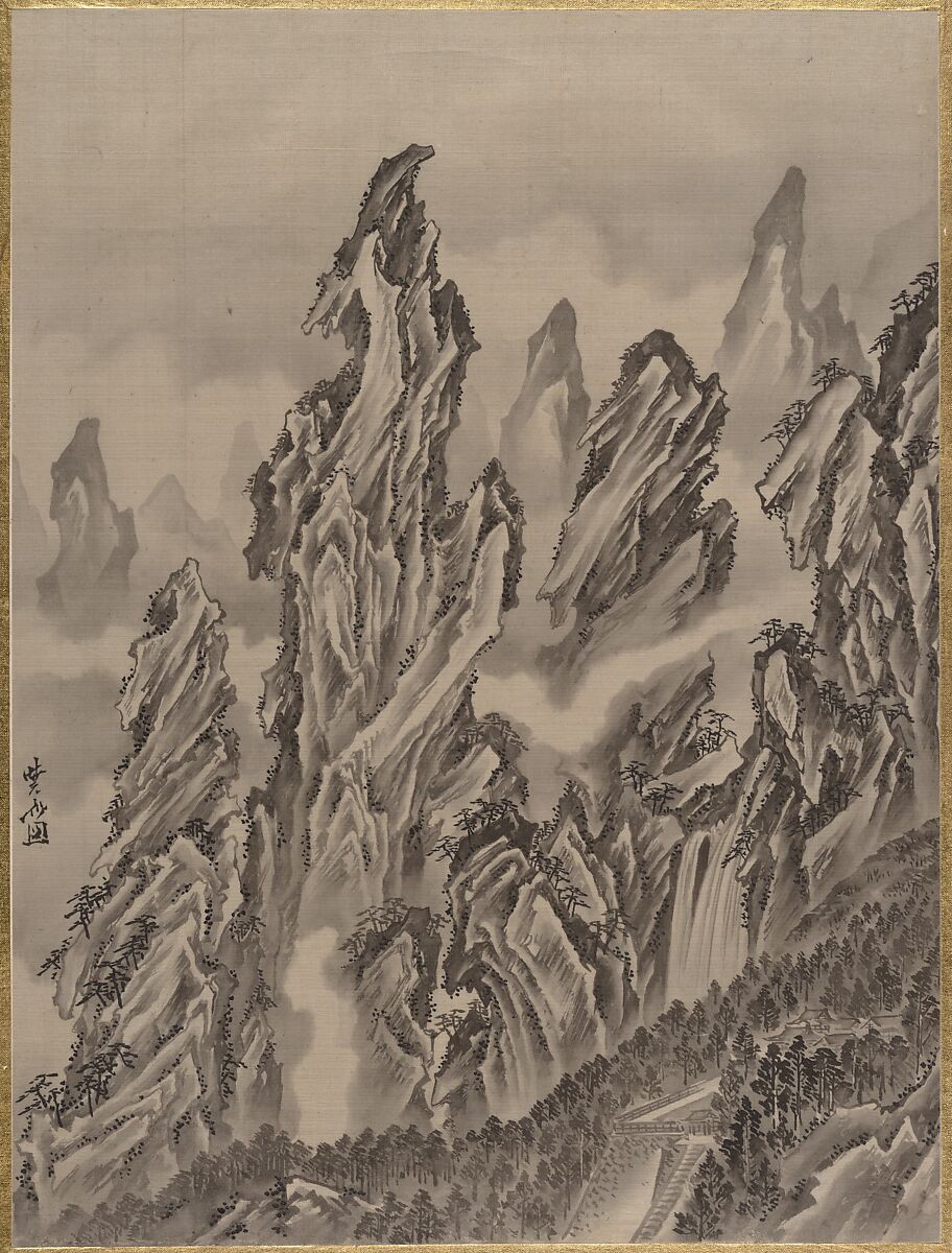Rocky Landscape, Kawanabe Kyōsai 河鍋暁斎 (Japanese, 1831–1889), Album leaf; ink and color on silk, Japan 