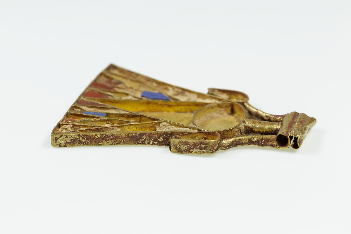Lotus pendant, Gold, carnelian, blue glass, pigmented calcareous bedding material