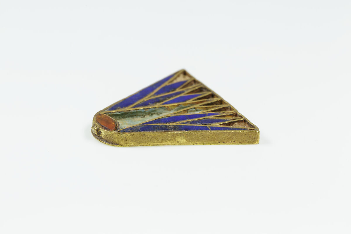 Lotus pendant, Gold, carnelian, lapis lazuli, pigmented calcareous bedding material