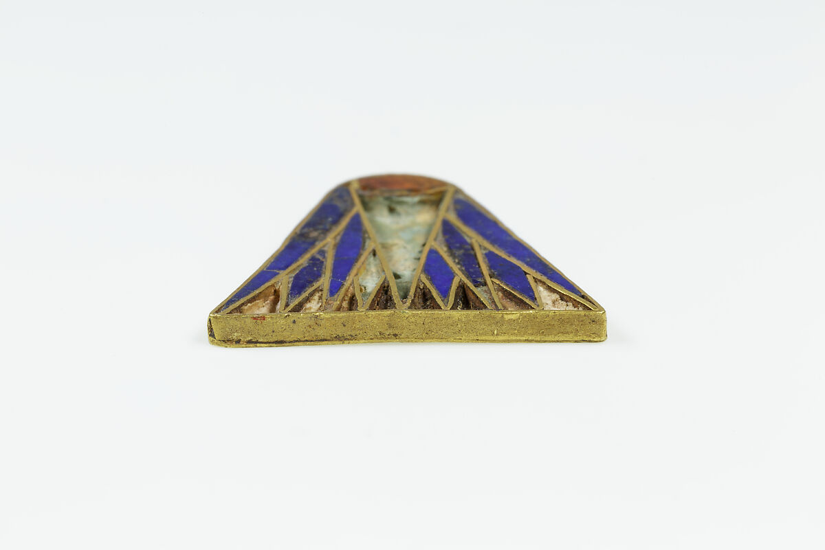 Lotus pendant, Gold, carnelian, lapis lazuli, pigmented calcareous bedding material