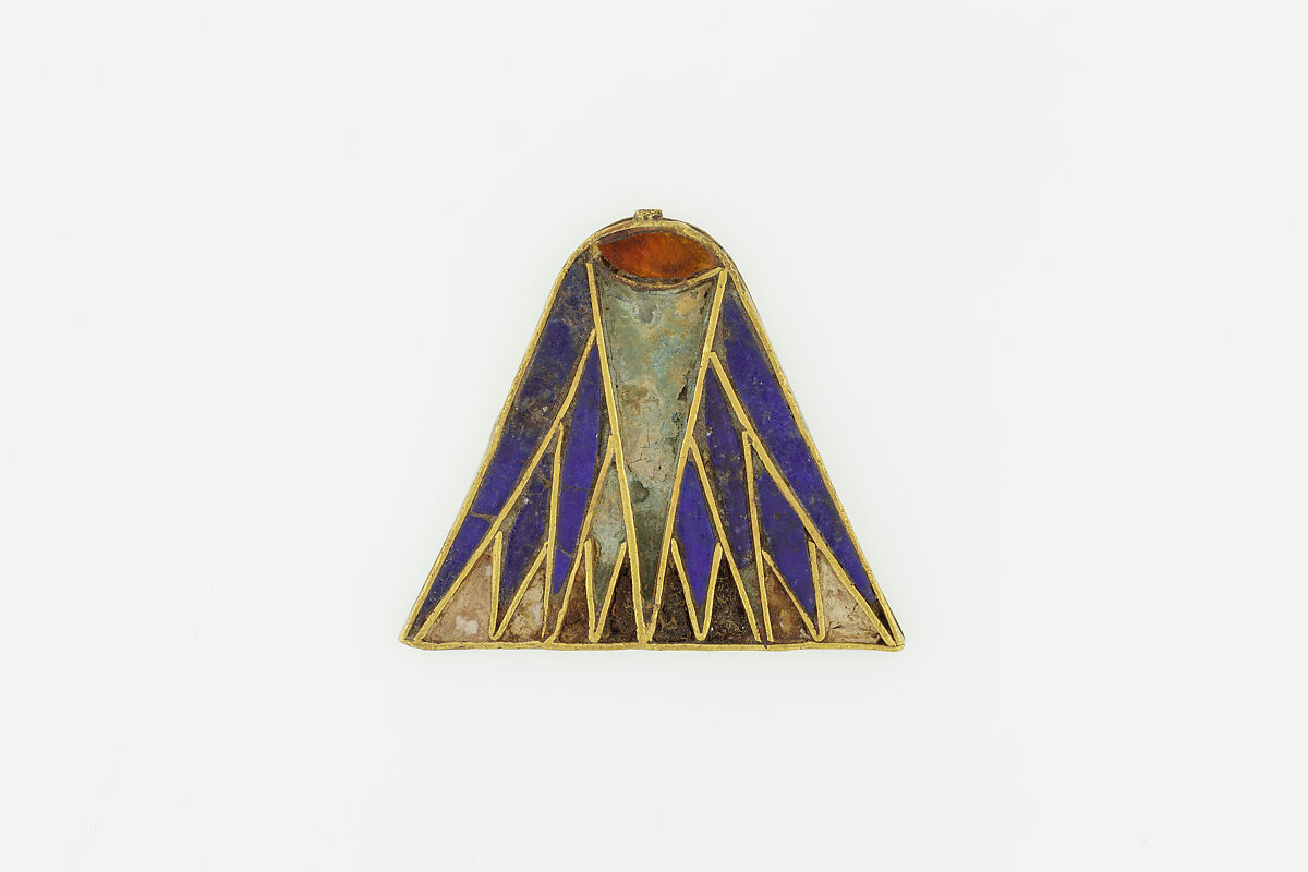 Lotus pendant, Gold, carnelian, lapis lazuli, pigmented calcareous bedding material