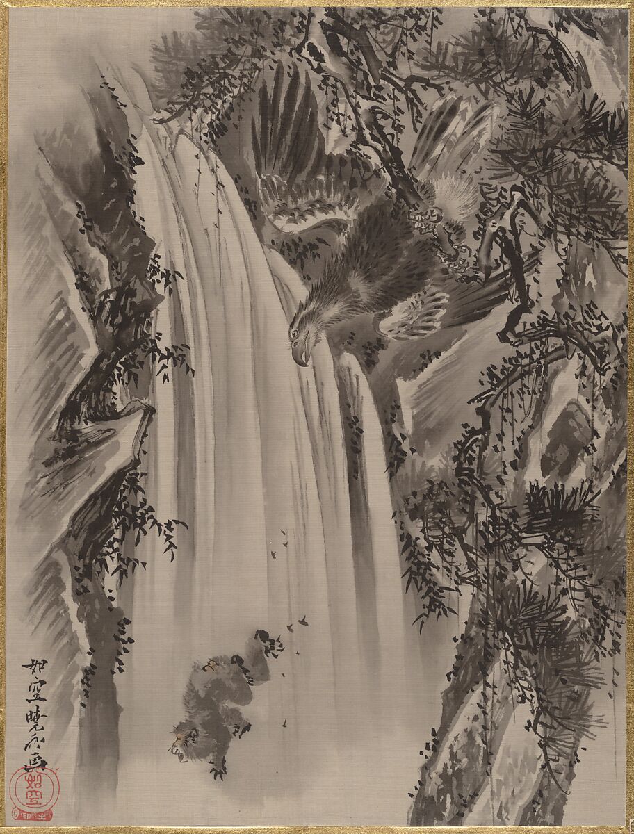 Waterfall, Eagle and Monkey, Kawanabe Kyōsai 河鍋暁斎 (Japanese, 1831–1889), Album leaf; ink and color on silk, Japan 