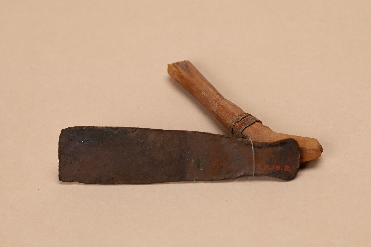 Model adze, Copper, wood, animal hide