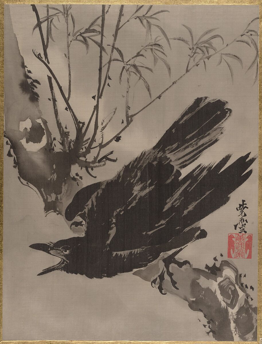 Crow on a Branch, Kawanabe Kyōsai 河鍋暁斎 (Japanese, 1831–1889), Album leaf; ink and color on silk, Japan 