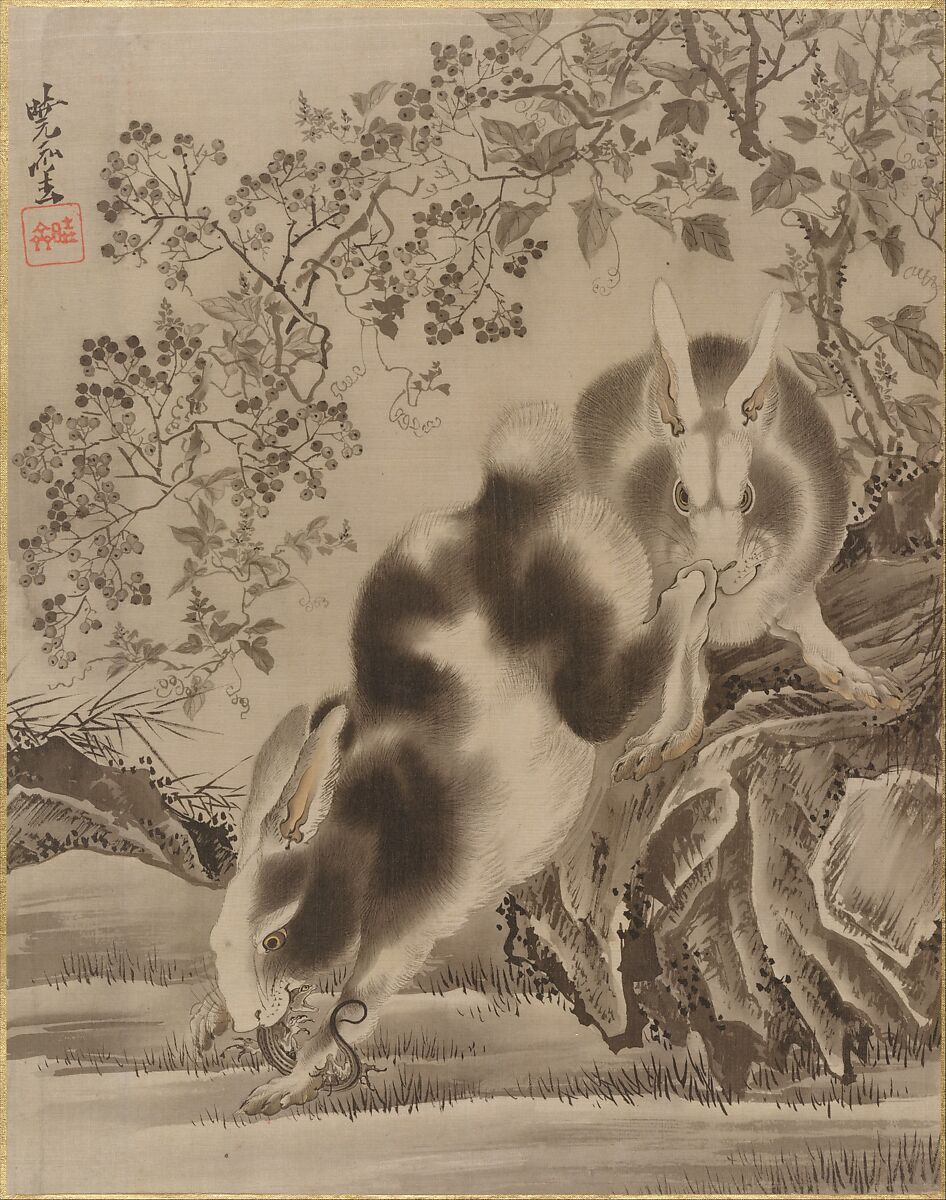 Rabbits, Kawanabe Kyōsai 河鍋暁斎 (Japanese, 1831–1889), Album leaf; ink and color on silk, Japan 