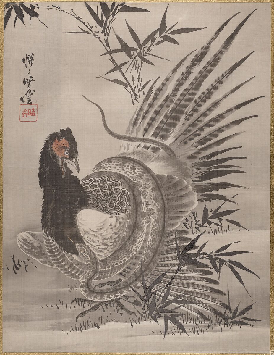 Pheasant Caught by a Snake, Kawanabe Kyōsai 河鍋暁斎 (Japanese, 1831–1889), Album leaf; ink and color on silk, Japan 