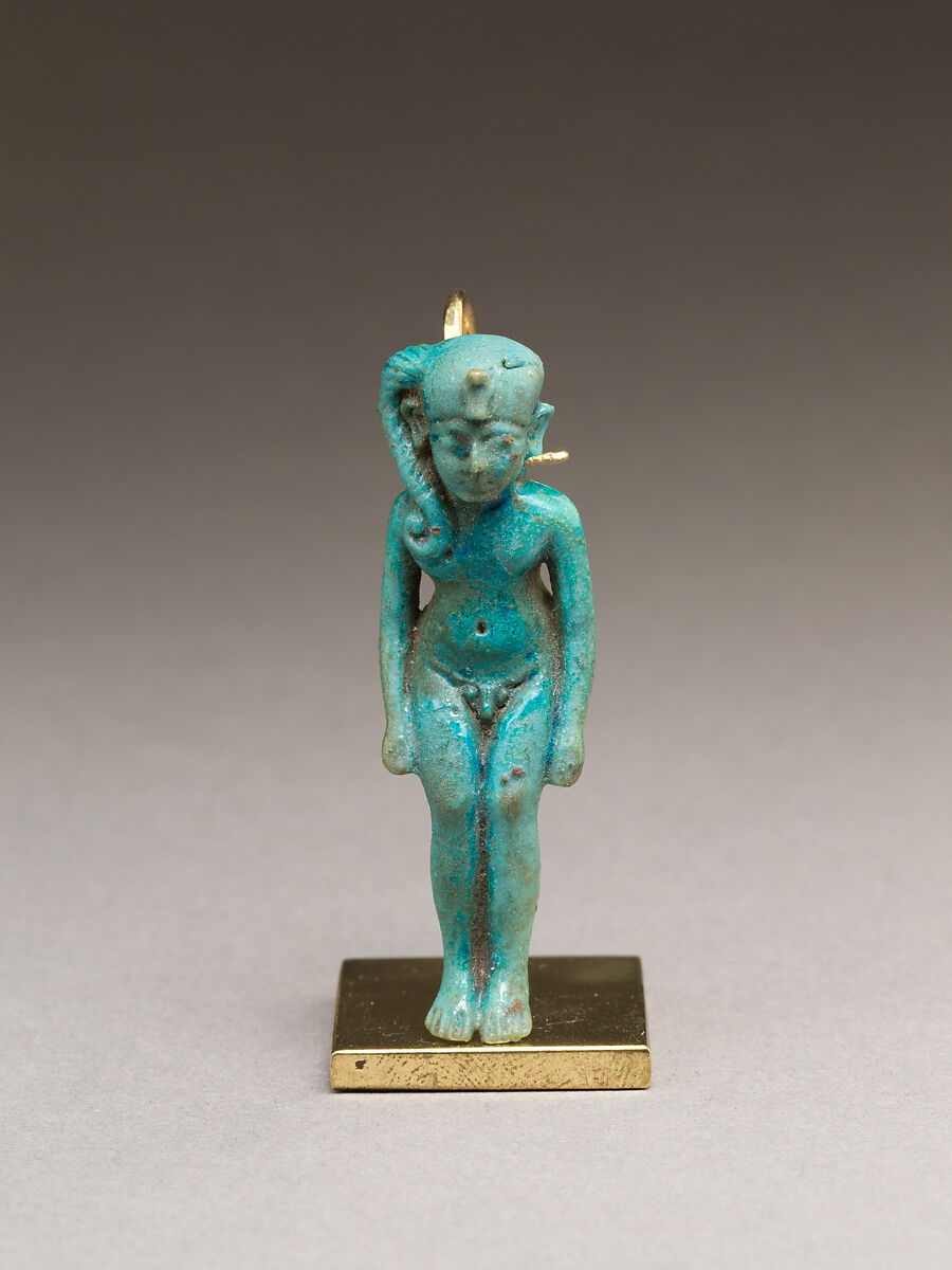Child god (Harpokrates?) amulet, Faience