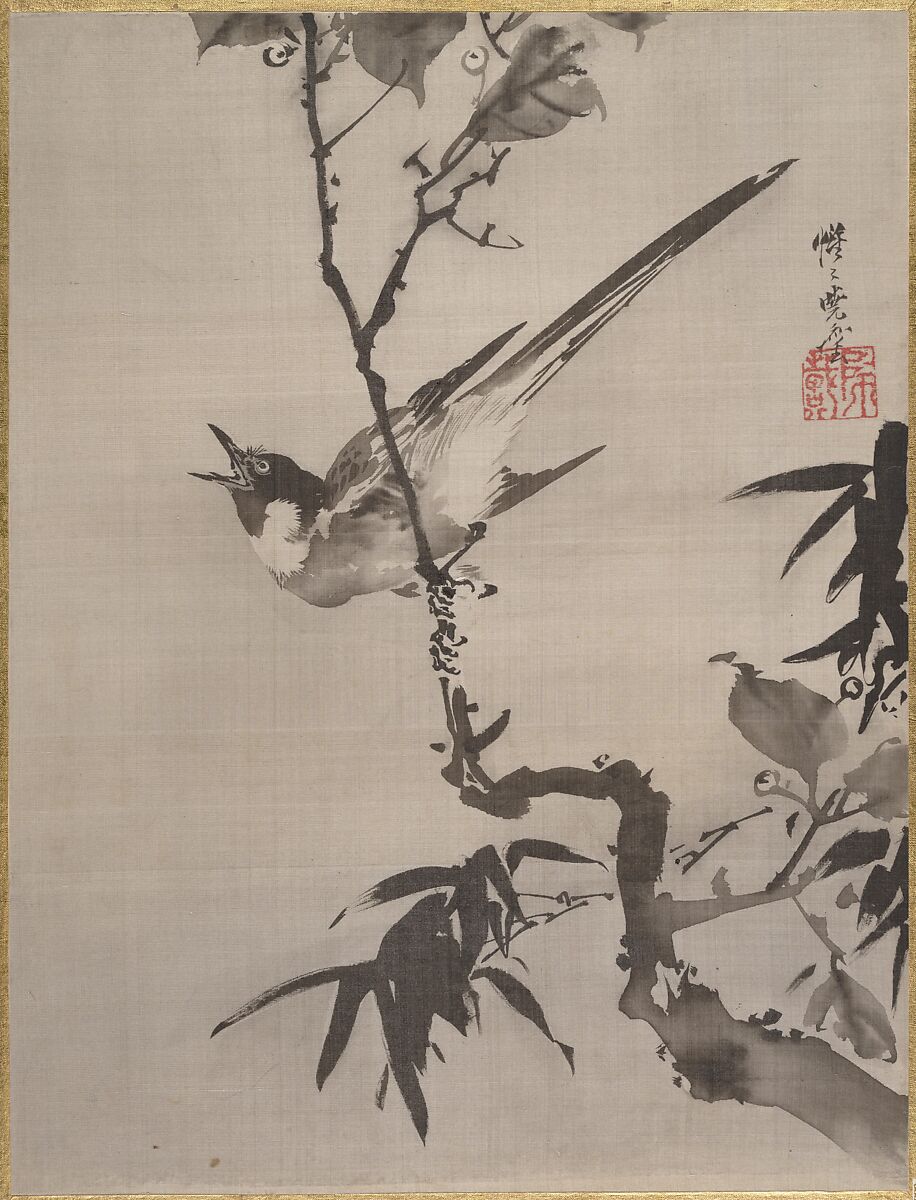 Singing Bird on a Branch, Kawanabe Kyōsai 河鍋暁斎 (Japanese, 1831–1889), Album leaf; ink and color on silk, Japan 