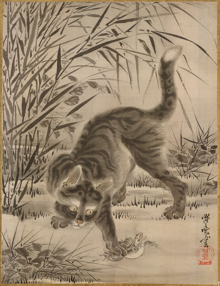 Cat Catching a Frog, Kawanabe Kyōsai 河鍋暁斎 (Japanese, 1831–1889), Album leaf; ink and color on silk, Japan 