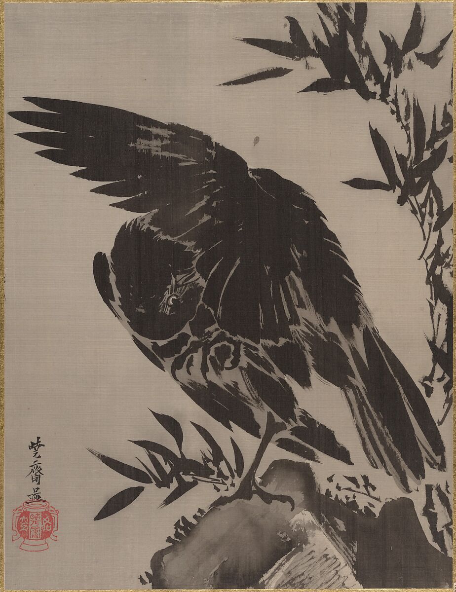 Crow on a Rock, Kawanabe Kyōsai 河鍋暁斎 (Japanese, 1831–1889), Album leaf; ink and color on silk, Japan 