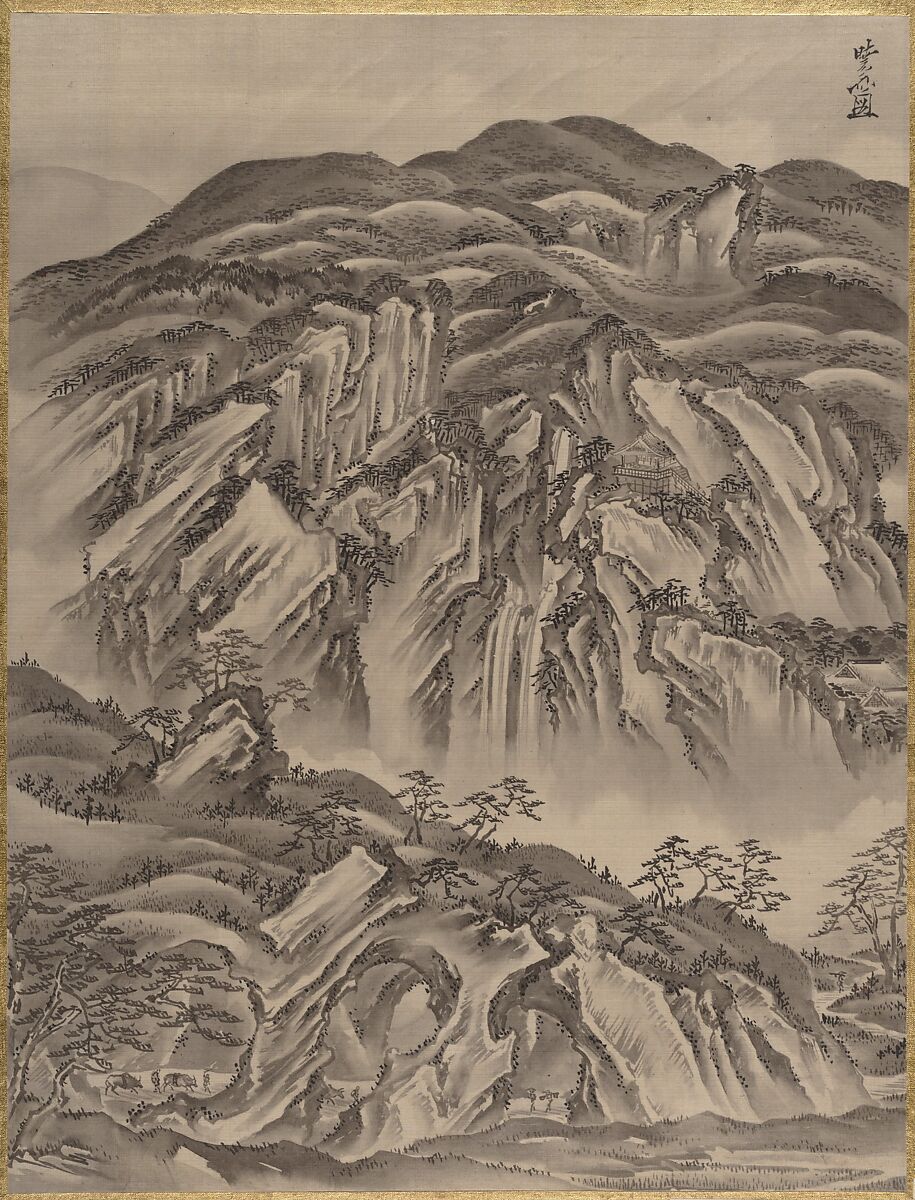 Rocky Landscape, Kawanabe Kyōsai 河鍋暁斎 (Japanese, 1831–1889), Album leaf; ink and color on silk, Japan 