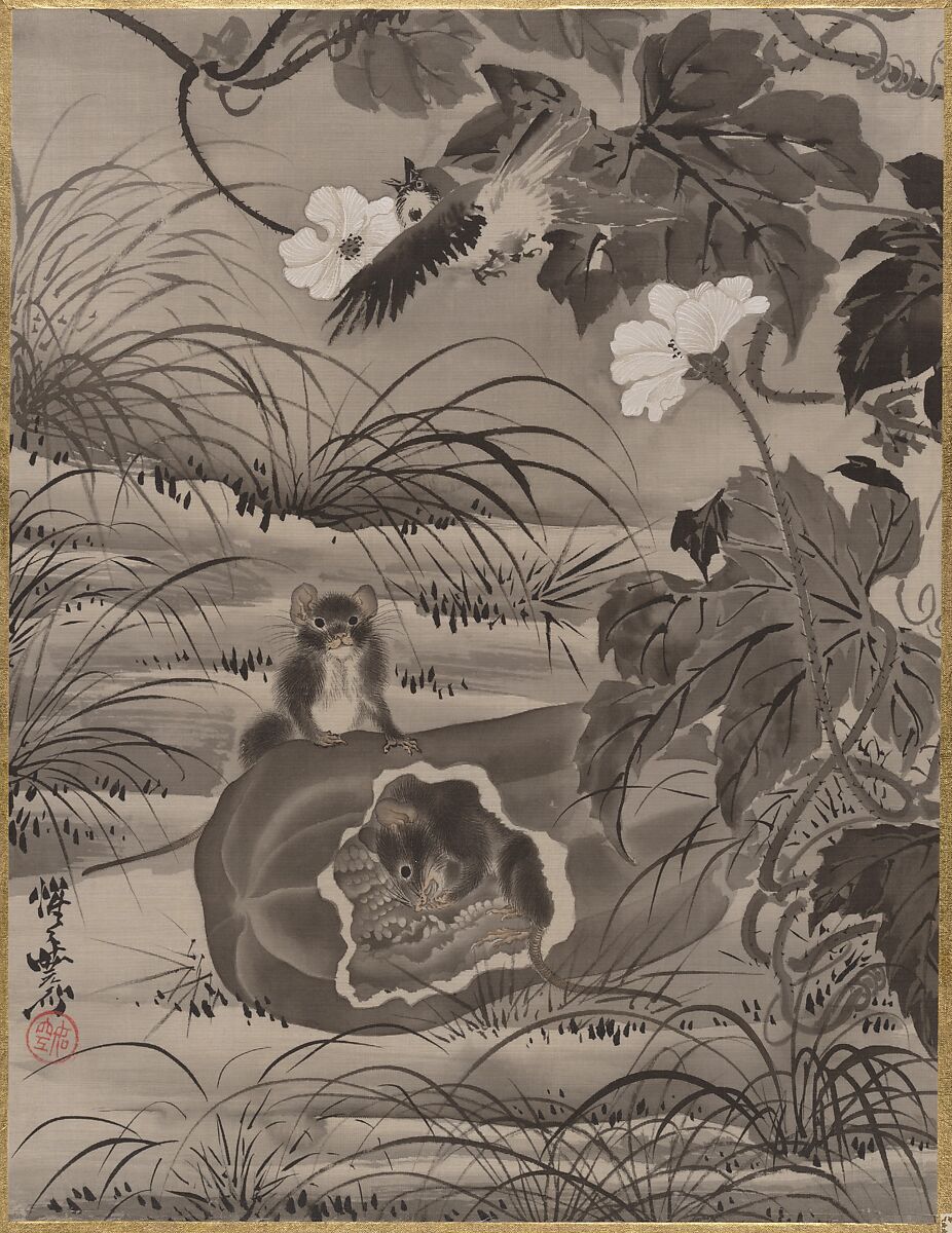 Rats and Gourd, Kawanabe Kyōsai 河鍋暁斎 (Japanese, 1831–1889), Album leaf; ink and color on silk, Japan 