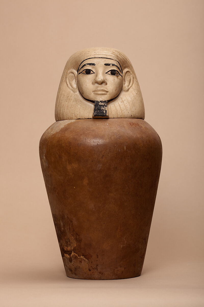 Canopic jar of Nephthys, Indurated limestone, paint, linen 