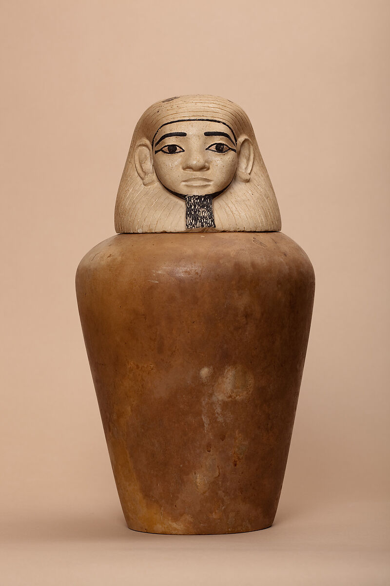 Canopic jar of Nephthys, Indurated limestone, paint, linen 